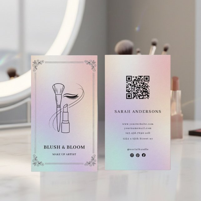 Cartão De Visita Holographic Makeup Artist Card with QR Code (Criador carregado)
