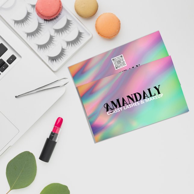 Cartão De Visita Holographic Makeup Artist Eyelash QR LOGO Dourado (Holographic Makeup Artist Eyelash QR LOGO Gold Business Card)