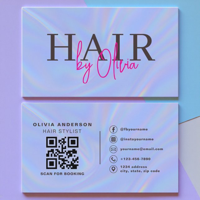 Cartão De Visita Holographic QR Code Hair Stylist Modern (Criador carregado)