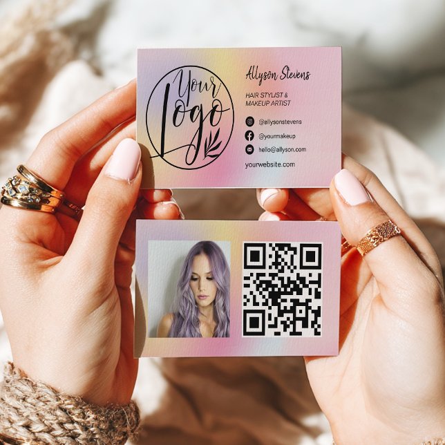 Cartão De Visita Holographic rainbow hair makeup photo logo qr code (Holographic rainbow hair makeup photo logo qr code business card)