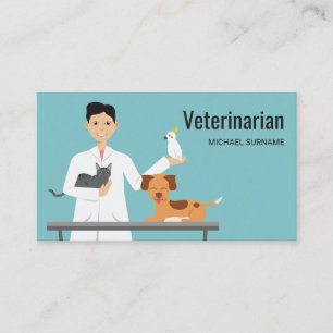 Cartão De Visita Homem Veterinário no Azul com Ilustração de Animai