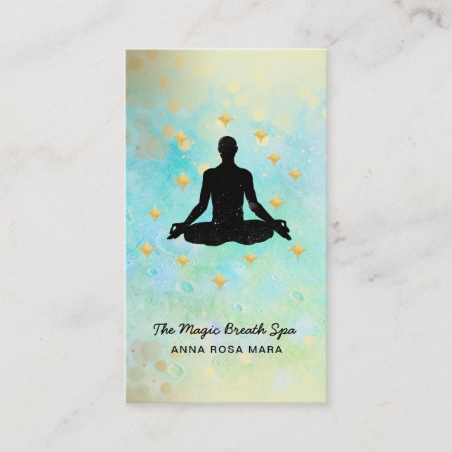 Cartão De Visita ** Homem Yoga Glitter Dourada Meditação (Frente)