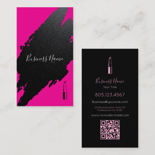 Cartão De Visita Hot Pink Grunge Brush Stroke Custom QR Code (Frente/Verso)