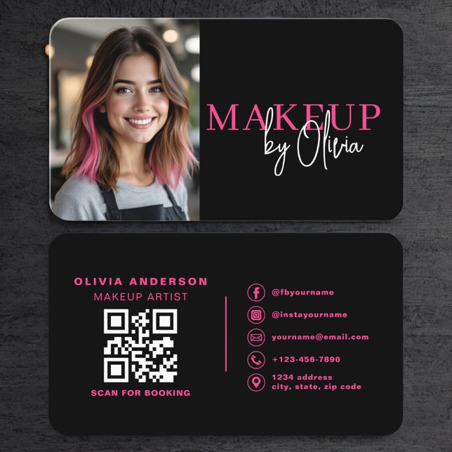 Cartão De Visita Hot Pink Photo Makeup Artist QR Code (Criador carregado)