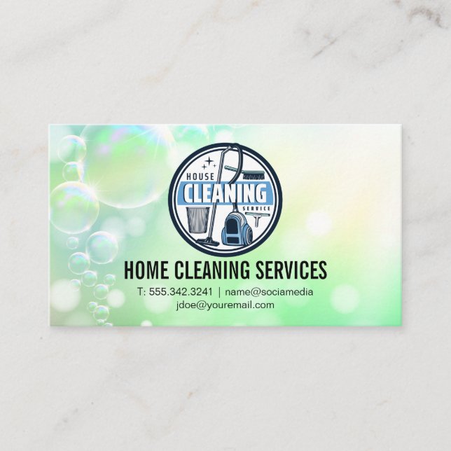 Cartão De Visita House Cleaning Logo | Janitorial Services (Frente)