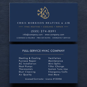 Cartão De Visita HVAC Azul Marinho Dourado Moderno