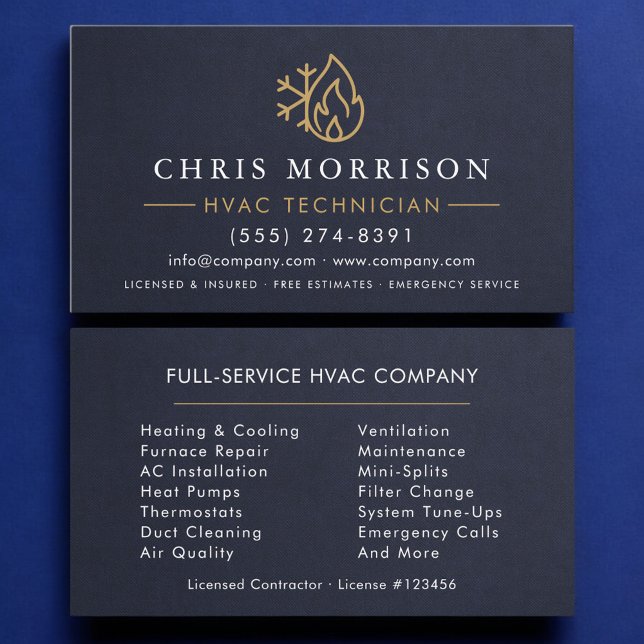 Cartão De Visita HVAC Technician Navy Blue Gold Modern (Criador carregado)