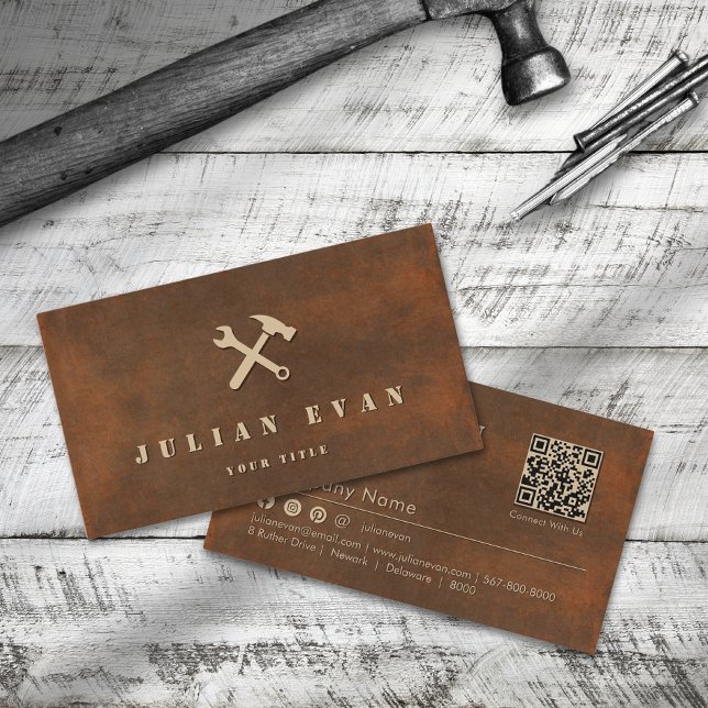 Cartão De Visita Ícone de Wrenman de Hammer de Aço Fresado - Handym (Rusted Iron Steel Hammer Wrench Icon Handyman Business Card)