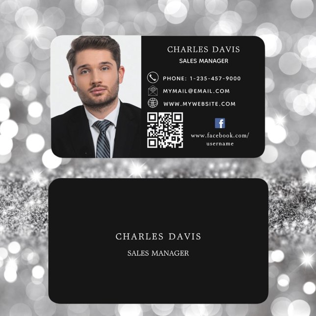 Cartão De Visita Ícone do facebook de foto de código QR branco pret (Criador carregado)