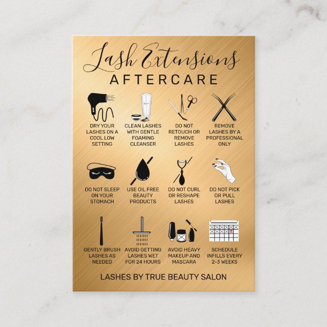 Cartão De Visita Ícone Dourado de Extensões Lash Metálicas Após Cui (Frente)