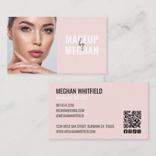 Cartão De Visita Ícone Social Moderno Rosa Bege Código QR Foto Maqu