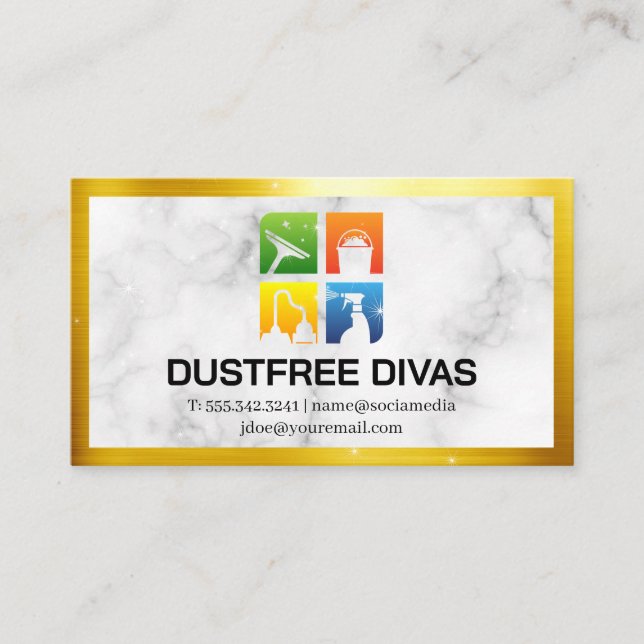 Cartão De Visita Ícones de limpeza | Marble | Fronteira Dourada | F (Frente)