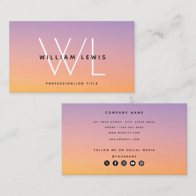 Cartão De Visita Ícones de mídia social de gradiente laranja roxo (Frente/Verso)