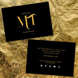 Cartão De Visita Ícones de mídia social na moda Black & Dourado Mon