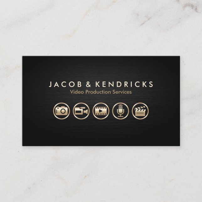 Cartão De Visita Ícones Dourados de serviços de produção de vídeo B (Frente)