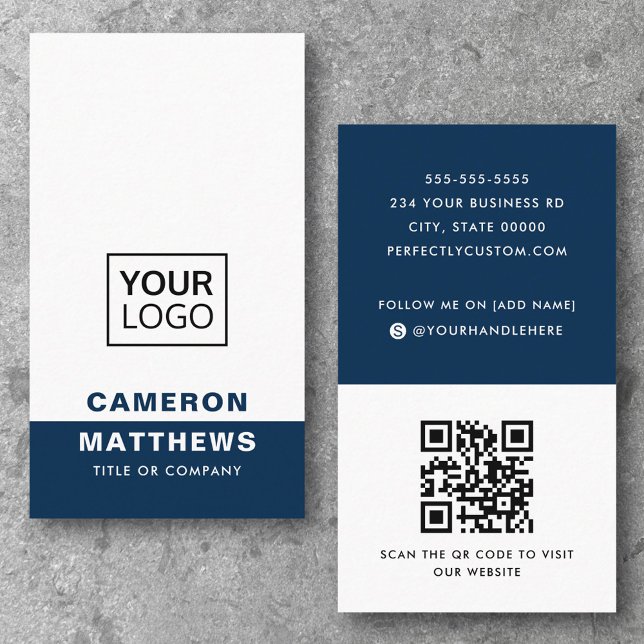 Cartão De Visita Ícones modernos de adicionar logotipo branco azul  (Modern dark blue white add logo social media icons business card)