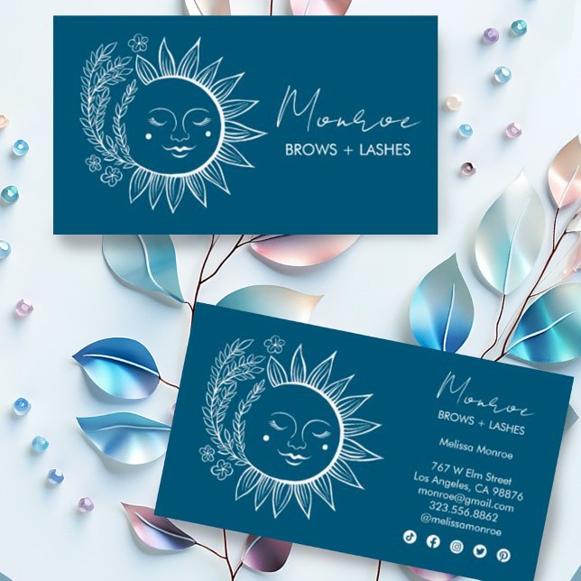 Cartão De Visita Ícones Sociais Azuis Elegantes da Linha de Arte da (Hand drawn suns with botanical elements decorate these custom business cards with social media icons)