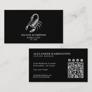 Cartão De Visita Ícones Sociais Código Qr da Barbearia Silver Scorp
