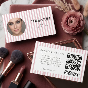 Cartão De Visita Ícones Sociais Código QR Foto Faixa Rosa Blush MUA