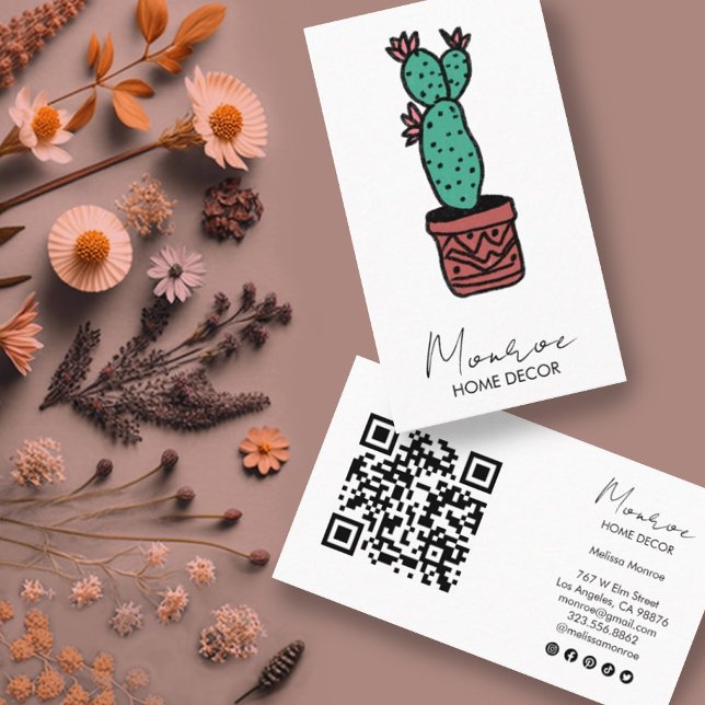 Cartão De Visita Ícones sociais de QR de Boho Cute Cactus Illustrat (Cactus illustration with QR code and social media icons. Custom business cards)
