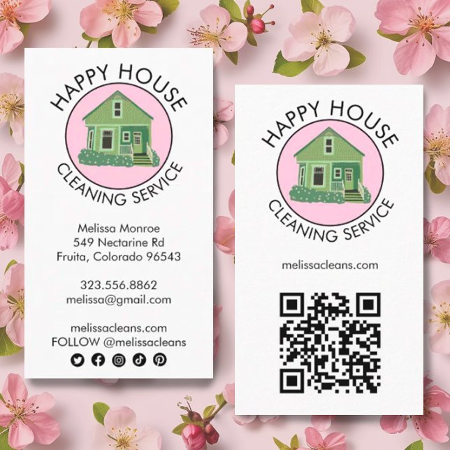 Cartão De Visita Ícones sociais do código QR para a limpeza de logo (Custom cute house logo business cards for cleaners with social media icons and QR code
)