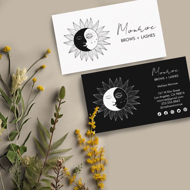 Cartão De Visita Ícones sociais legíveis da arte da linha Sun & Moo (hand-drawn sun and moon image decorates these custom business cards. Change the text and colors)