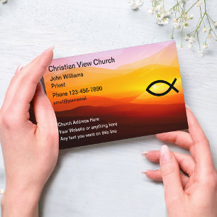 Cartão De Visita Igreja Cristã Pôr do Sol Cênico Peixe Icthys