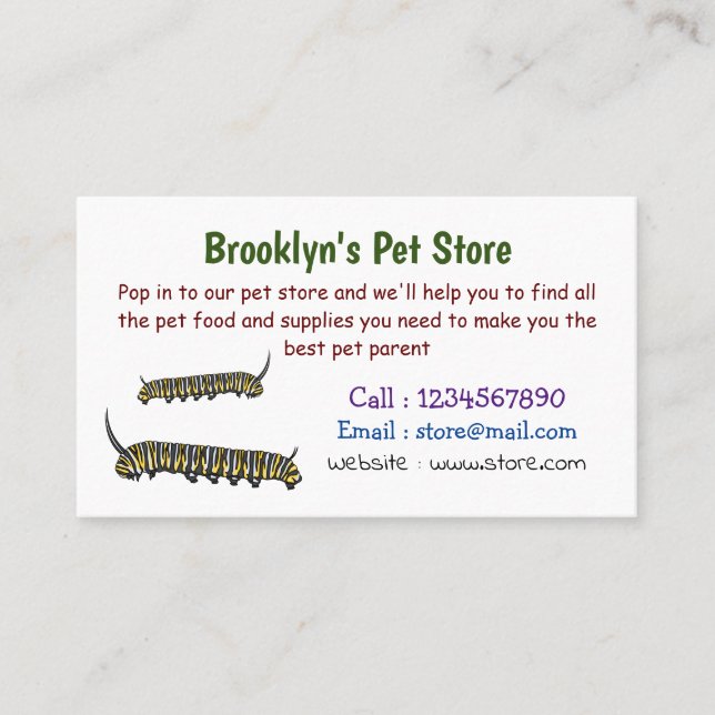 Cartão De Visita Ilustração da cartoon da lagarta monarca (Frente)