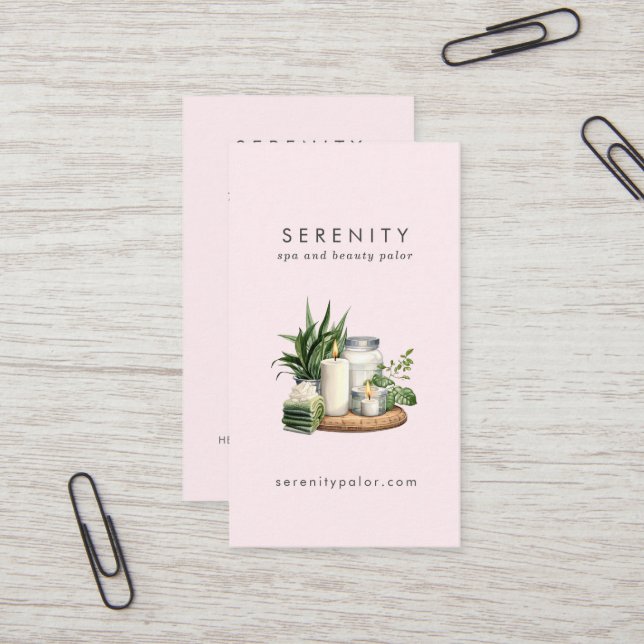 Cartão De Visita Ilustração de Aquarela Moderna Blush Código QR Spa (Frente/Verso In Situ)