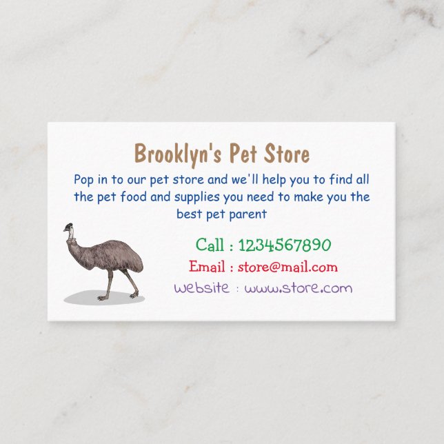 Cartão De Visita Ilustração de desenho animado de aves da Emu (Frente)
