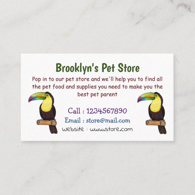 Cartão De Visita Ilustração de desenho animado de pássaros tucanos  (Frente)
