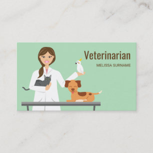 Cartão De Visita Ilustração De Mulher Veterinária Com Animais