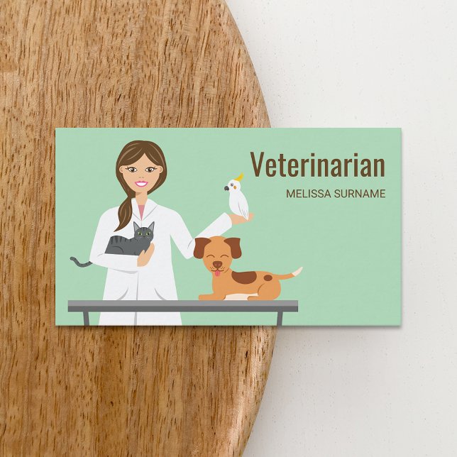 Cartão De Visita Ilustração De Mulher Veterinária Com Animais (Criador carregado)