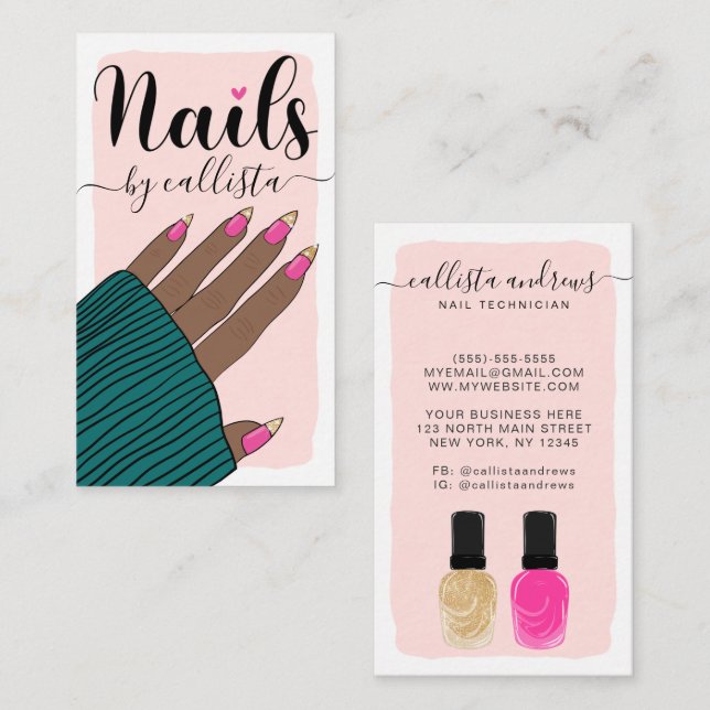 Cartão De Visita Ilustração Dourada de Mão Nail Technician Girly Pi (Frente/Verso)