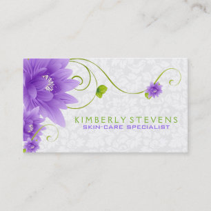 Cartão De Visita Ilustração floral branca e verde roxa