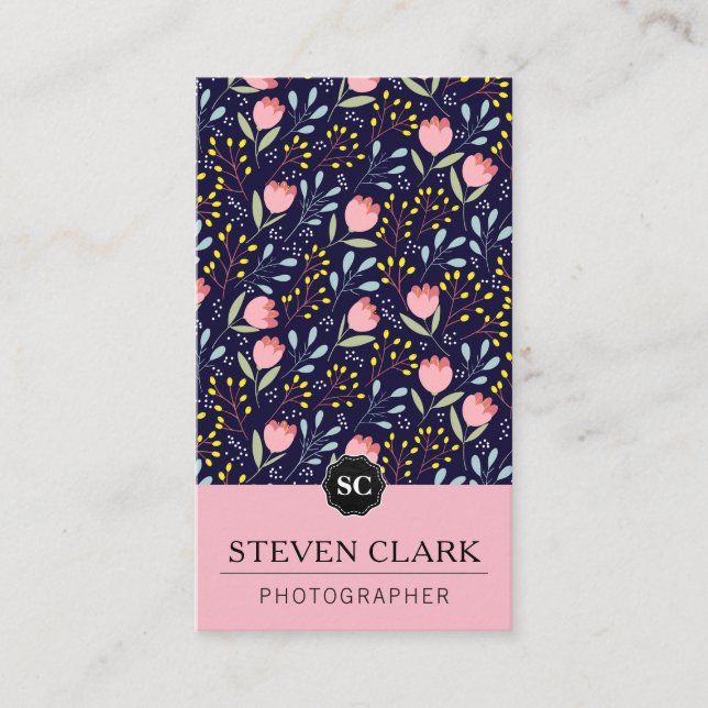 Cartão De Visita Ilustrações de Flor Natural / Monograma (Rosa) (Frente)