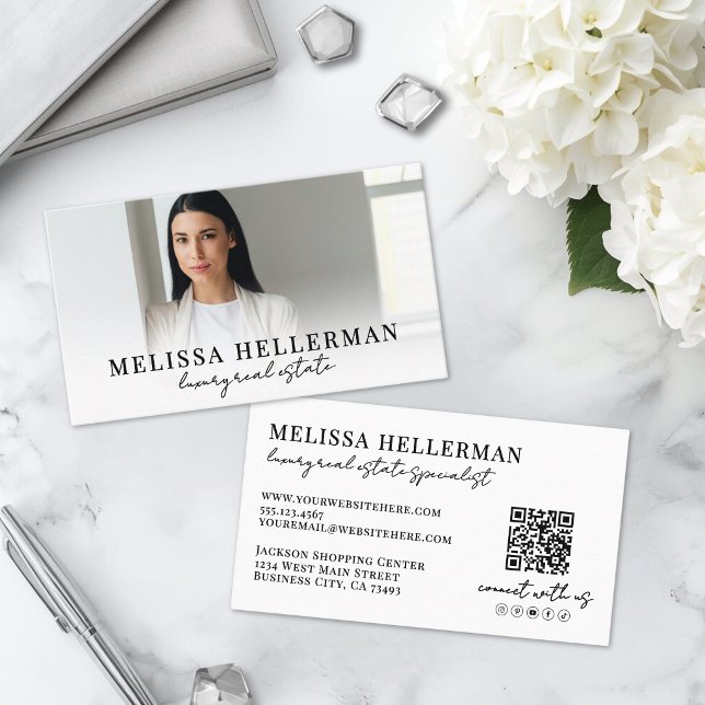 Cartão De Visita Imobiliária Black White Script (Black White Script Real Estate Business Card )
