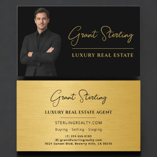 Cartão De Visita Imobiliário Metálico de Luxo Black Gold Script 