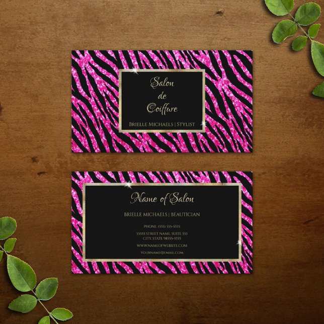 Cartão De Visita Impressão de zebra brilhante rosa-claro e Dourada (Glam Hot Pink Glitter Zebra Print and Gold Frame Business Cards)