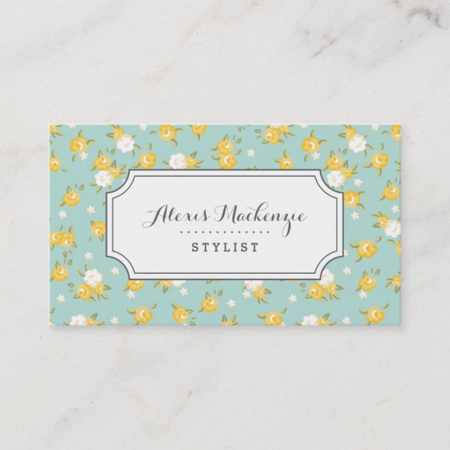 Cartão De Visita Impressão Floral Amarelo e Mint Chic (Frente)