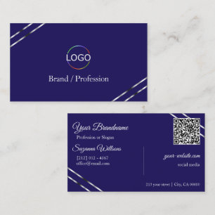 Cartão De Visita Índigo Azul com Logotipo de Linhas Prateadas e Cód