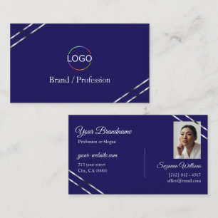 Cartão De Visita Índigo Azul com Logotipo e Foto de Linhas Prateada