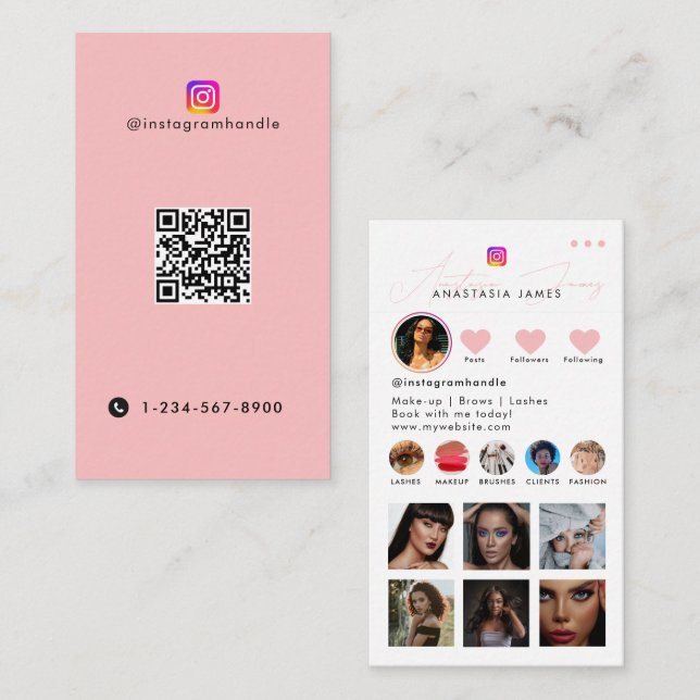 Cartão De Visita Influencer Photo Feed Social Media Código QR Rosa (Frente/Verso)