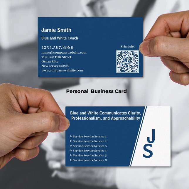 Cartão De Visita Iniciais Assimétricos Modernos Azul e Branco Pesso (Modern Asymmetric Initials Blue & White Personal Business Card)