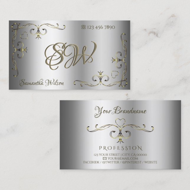 Cartão De Visita Iniciais de cantos Dourados de Ornamentados de lux (Frente/Verso)