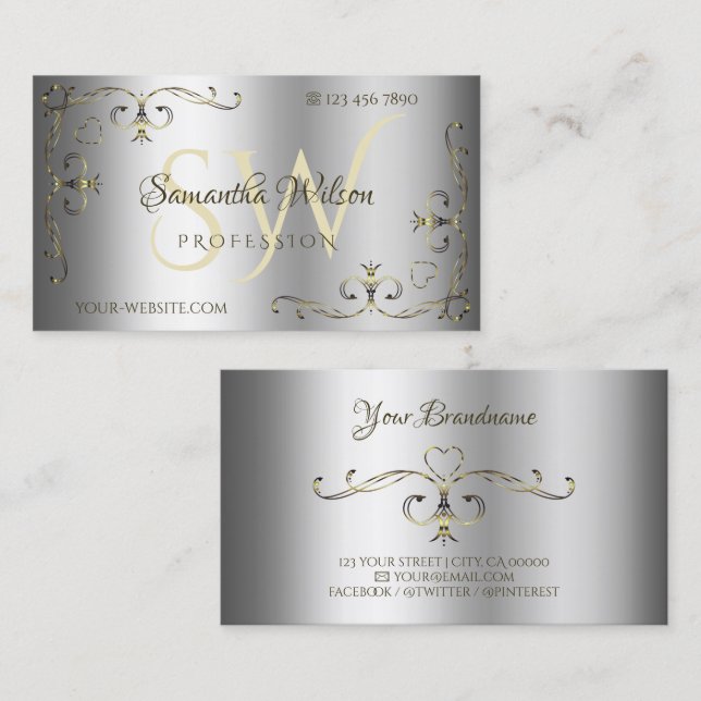 Cartão De Visita Iniciais de cantos Dourados do Ornamentado Shimmer (Frente/Verso)