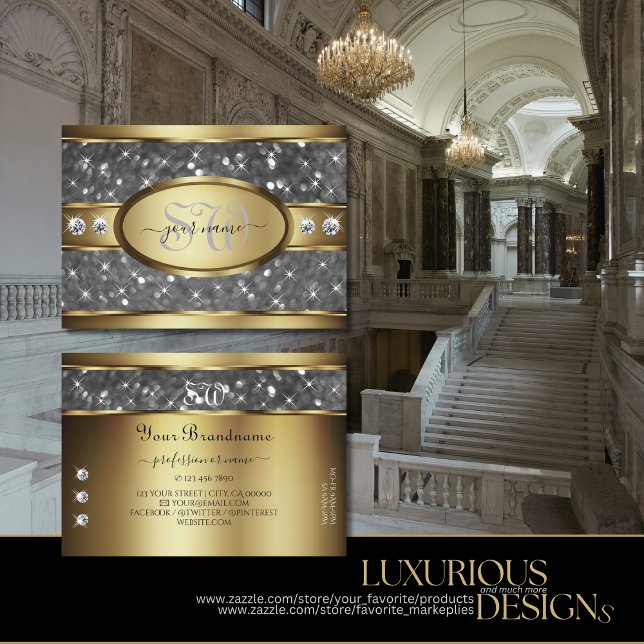 Cartão De Visita Iniciais de Diamante de Estrelas de Silver Dourada (Criador carregado)