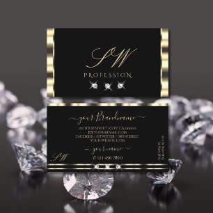 Cartão De Visita Iniciais de Diamantes Pretos Dourados de Luxe Glam
