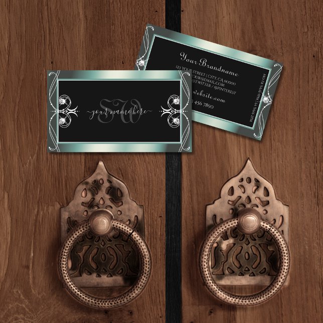 Cartão De Visita Iniciais de Diamantes Pretos e Teais Sparkle Escam (Criador carregado)