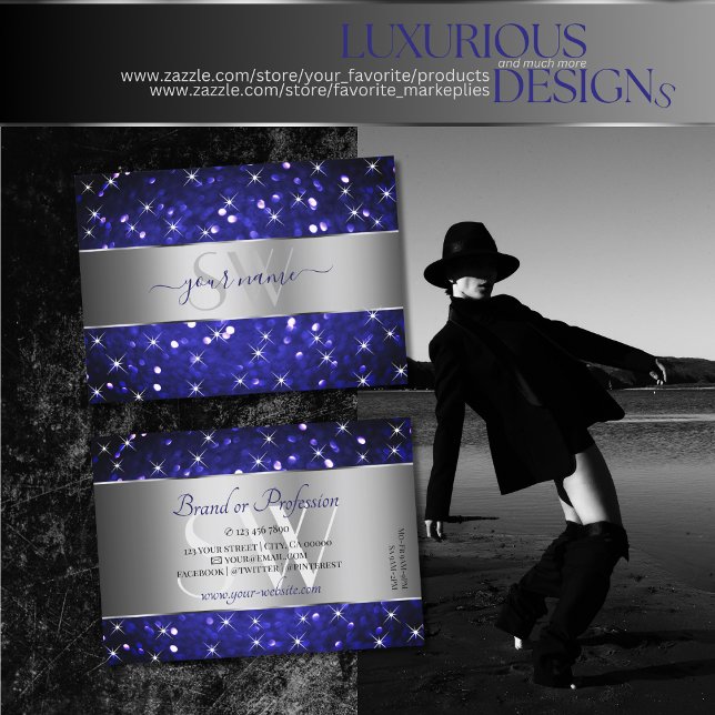 Cartão De Visita Iniciais de estrelas de brilho azul-prateado (Criador carregado)